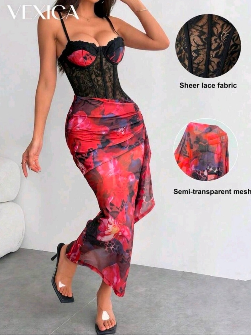 Vexica Red Floral Sheer Midi Skirt Brand new & Ready for Vacation !